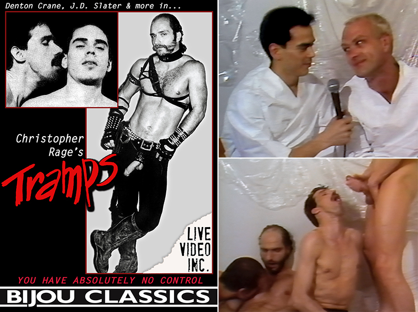 Cover for Bijou's new remastered re-release of Christopher Rage's Tramps, with stills from the movie